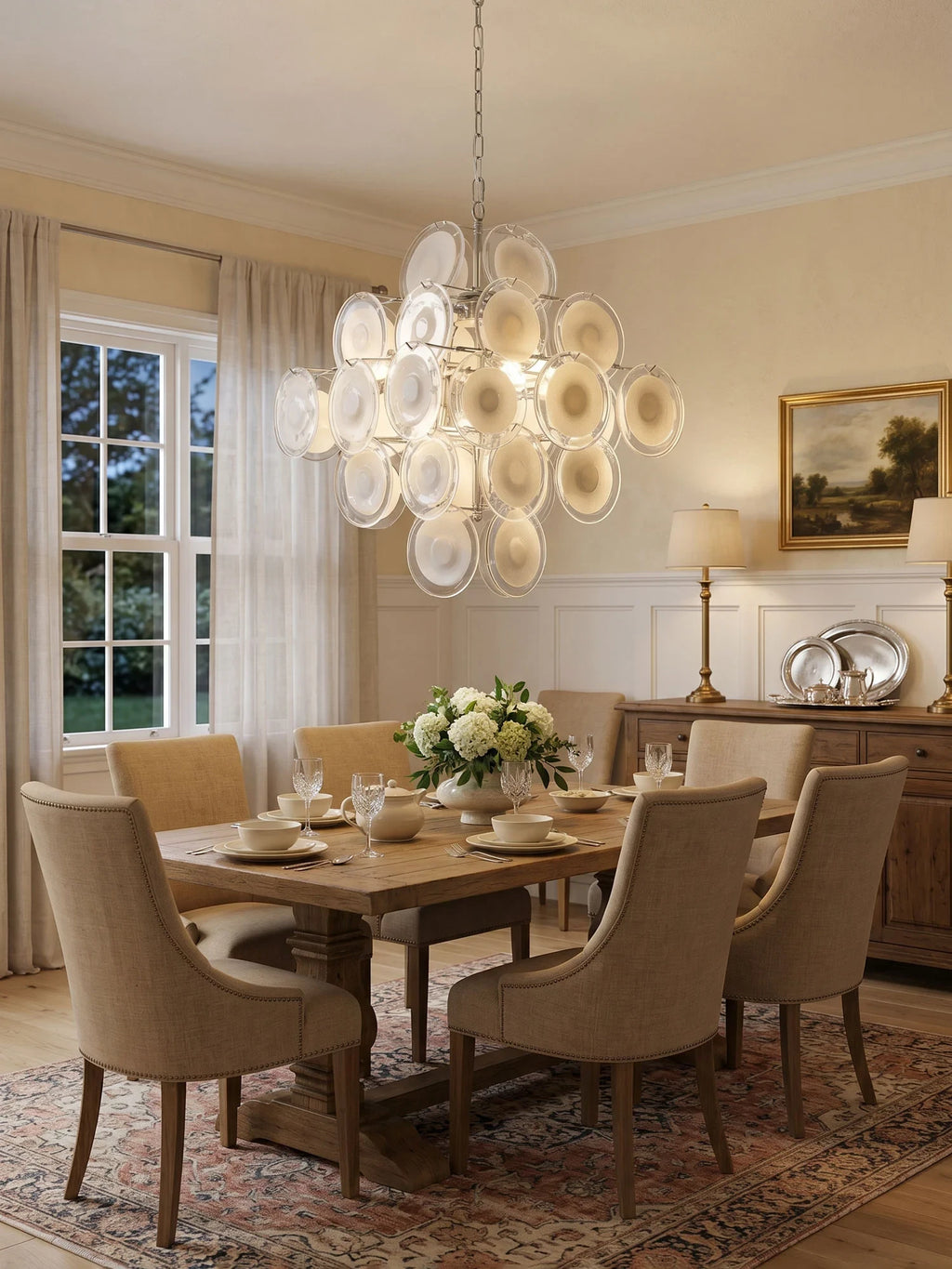 Modern Round Disc Art Glass Chandelier in Dining Area