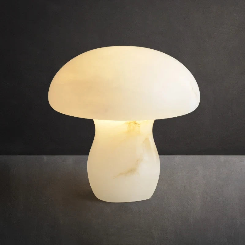 Illuminated Modern Solid Alabaster Mushroom Table Lamp Studio Shot on Dark Background