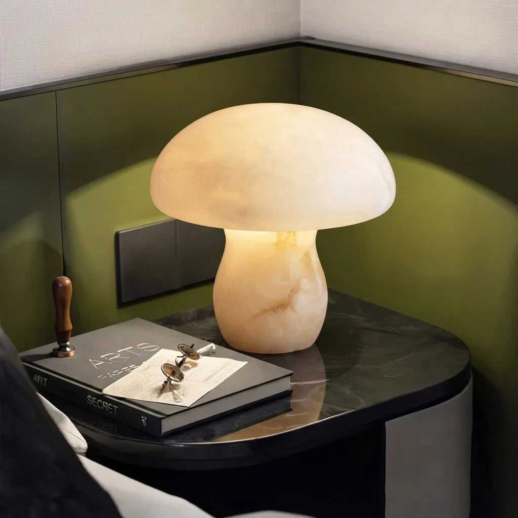Modern Solid Alabaster Mushroom Table Lamp in Cozy Bedroom Setting