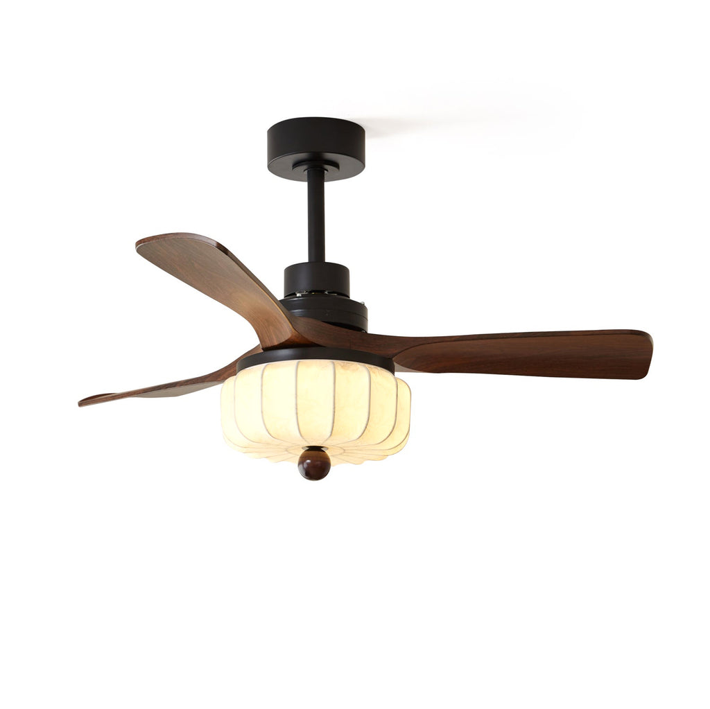 Modern Black Walnut Wood 3 Blade Ceiling Fan with Pumpkin Alabaster Shade on White Background