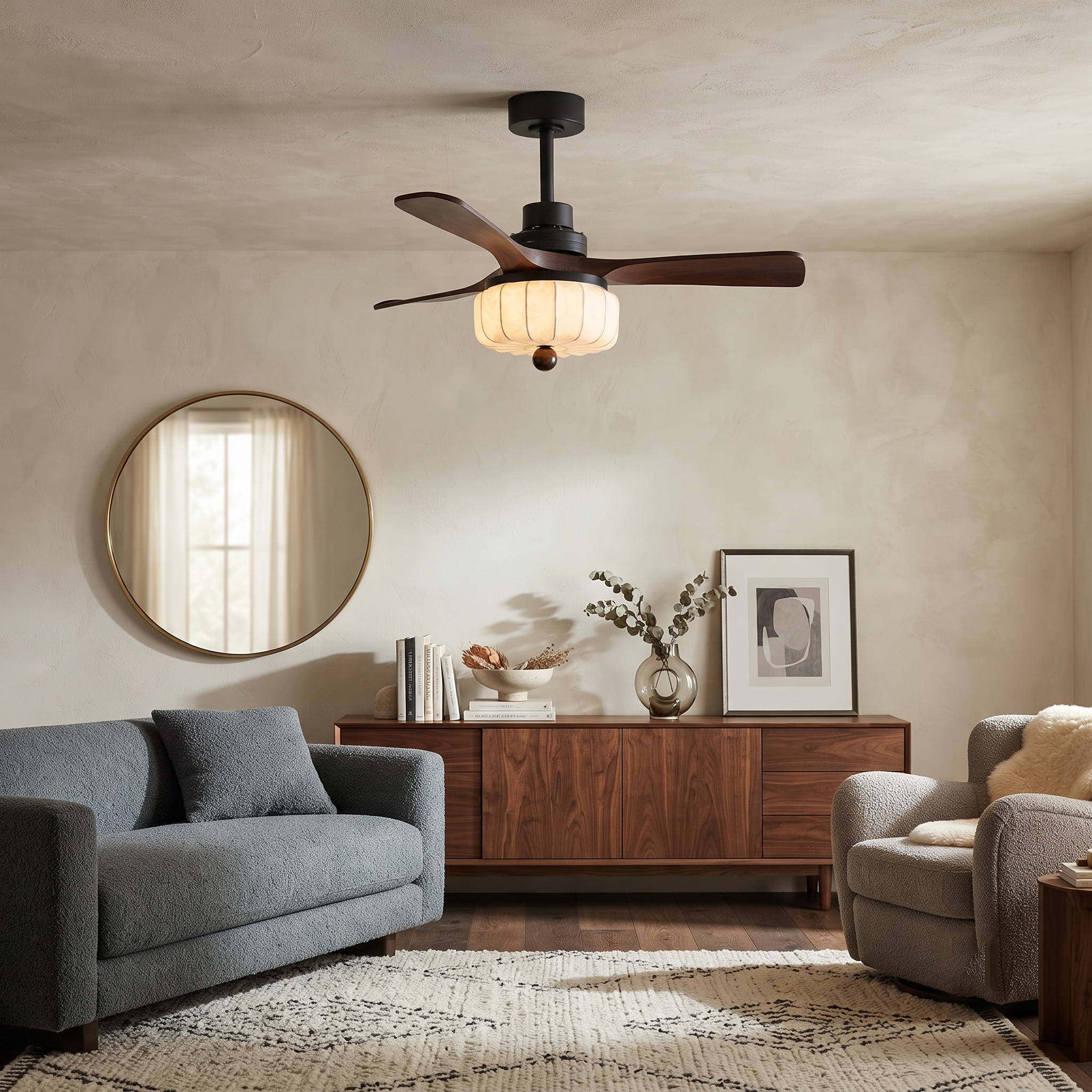 Walnut Wood and Metal Ceiling Fan
