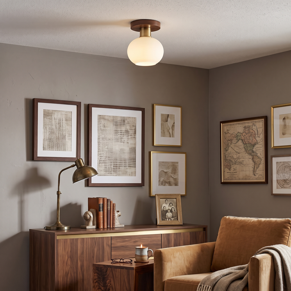 Walnut Wood & Brass Flush Mount