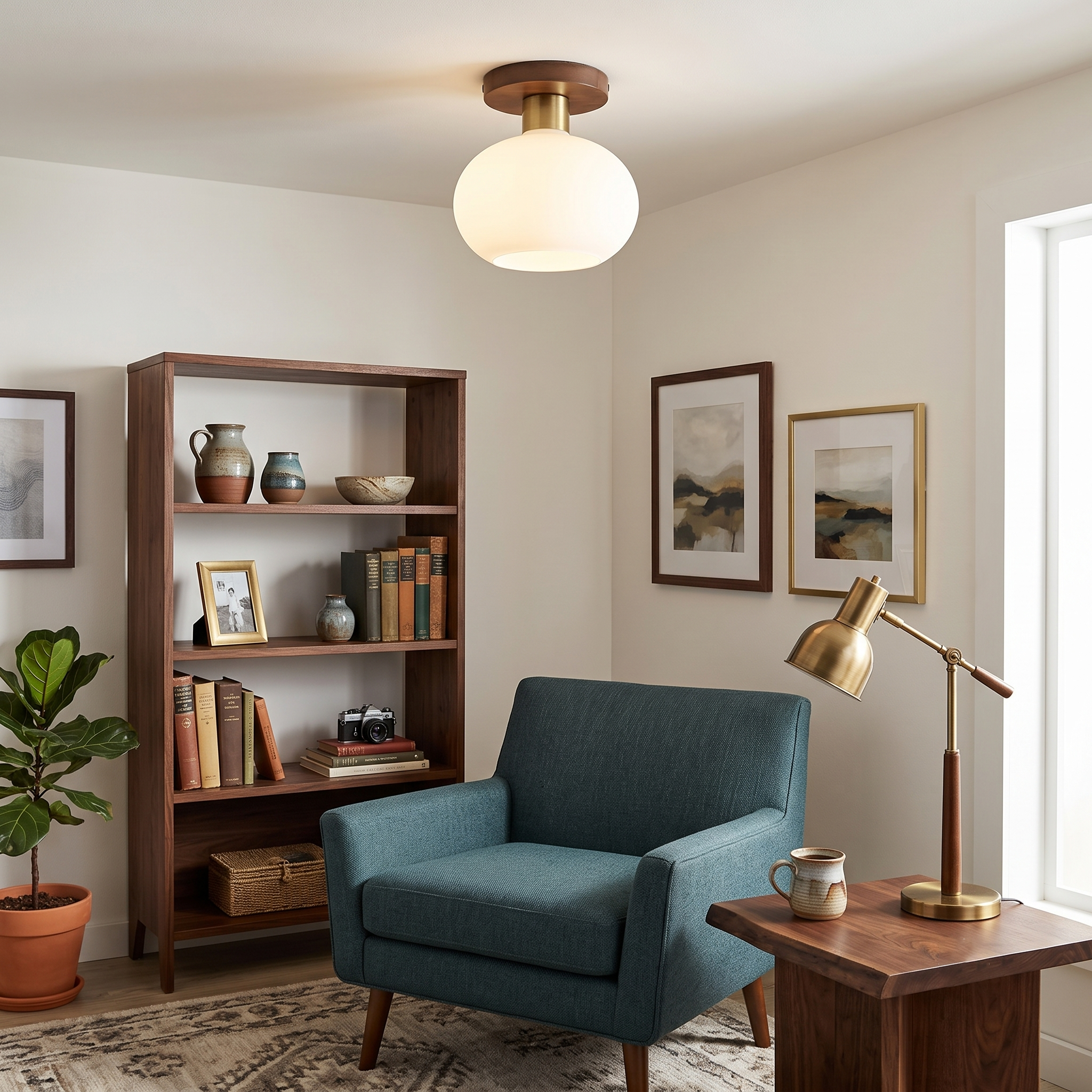 Walnut Wood & Brass Flush Mount