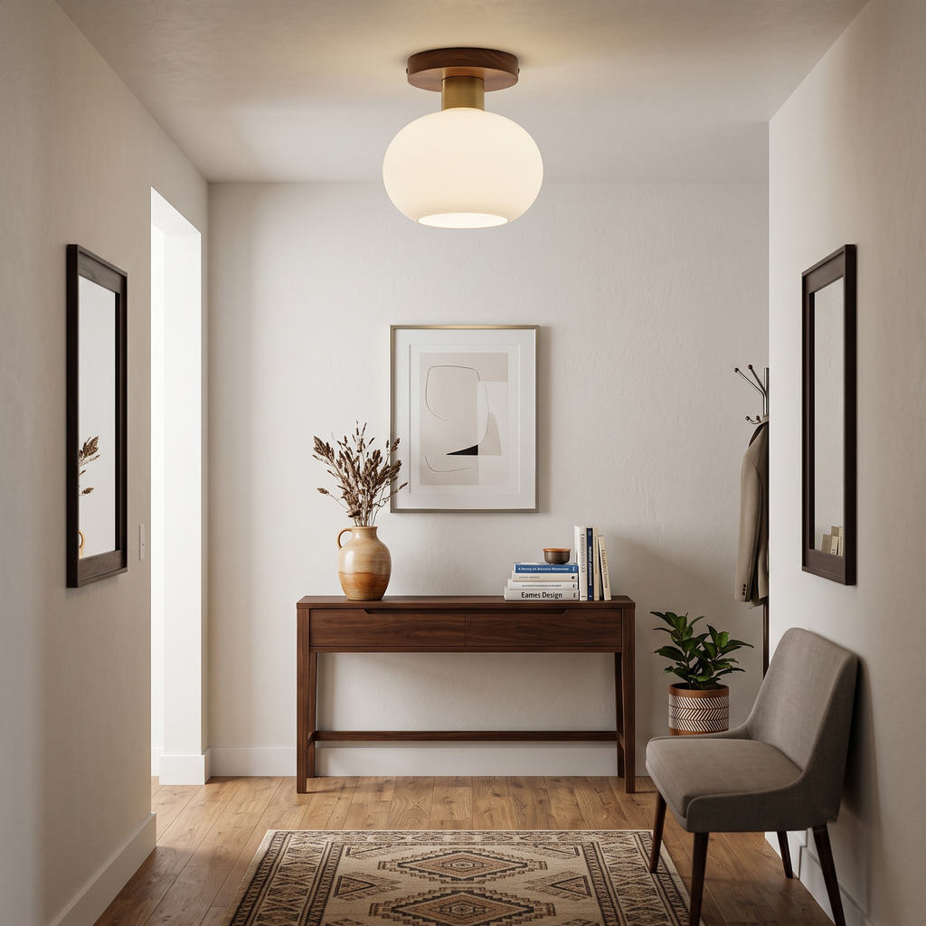 Walnut Wood & Brass Flush Mount