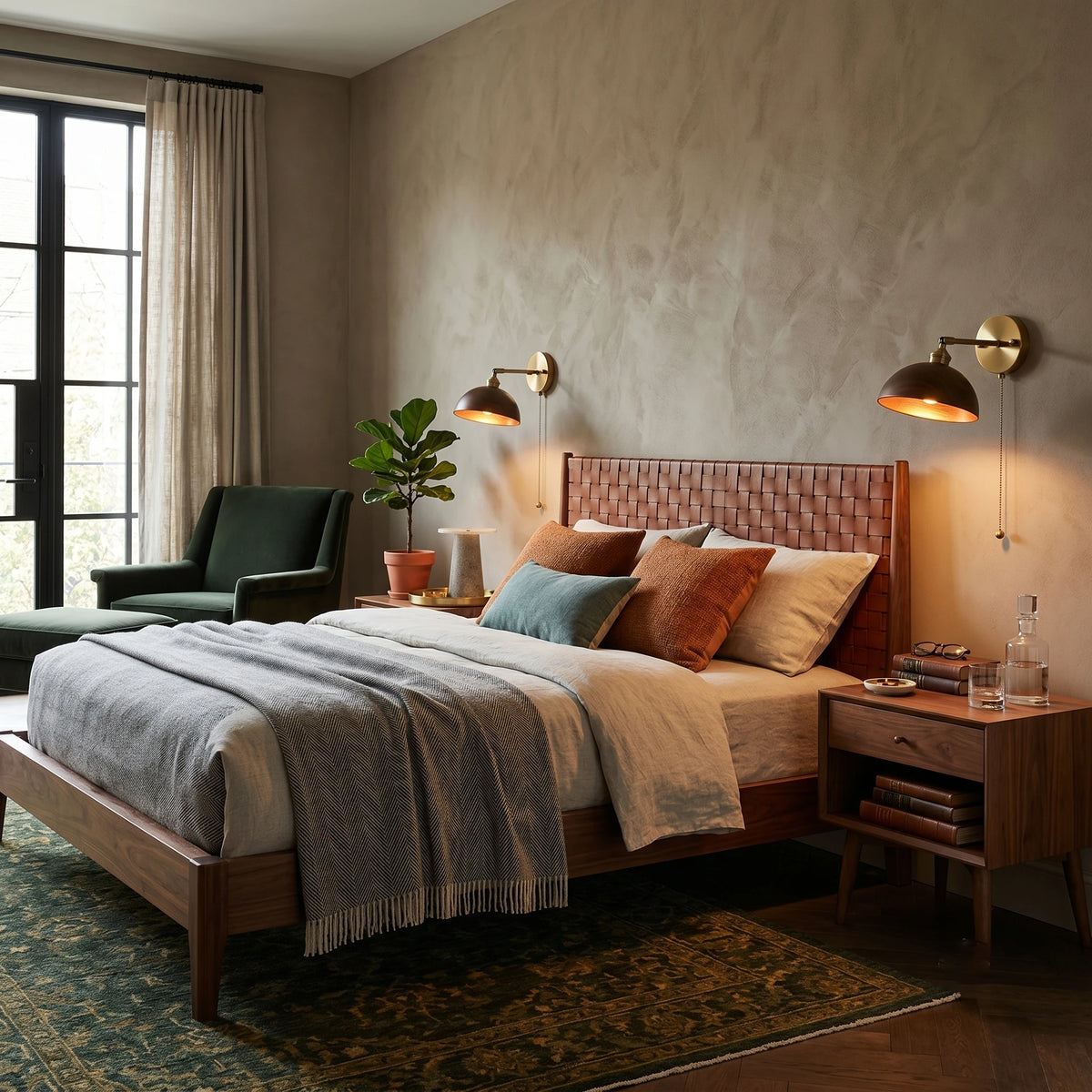 Pair of Vintage Brass Wooden Wall Sconces Over Nightstands