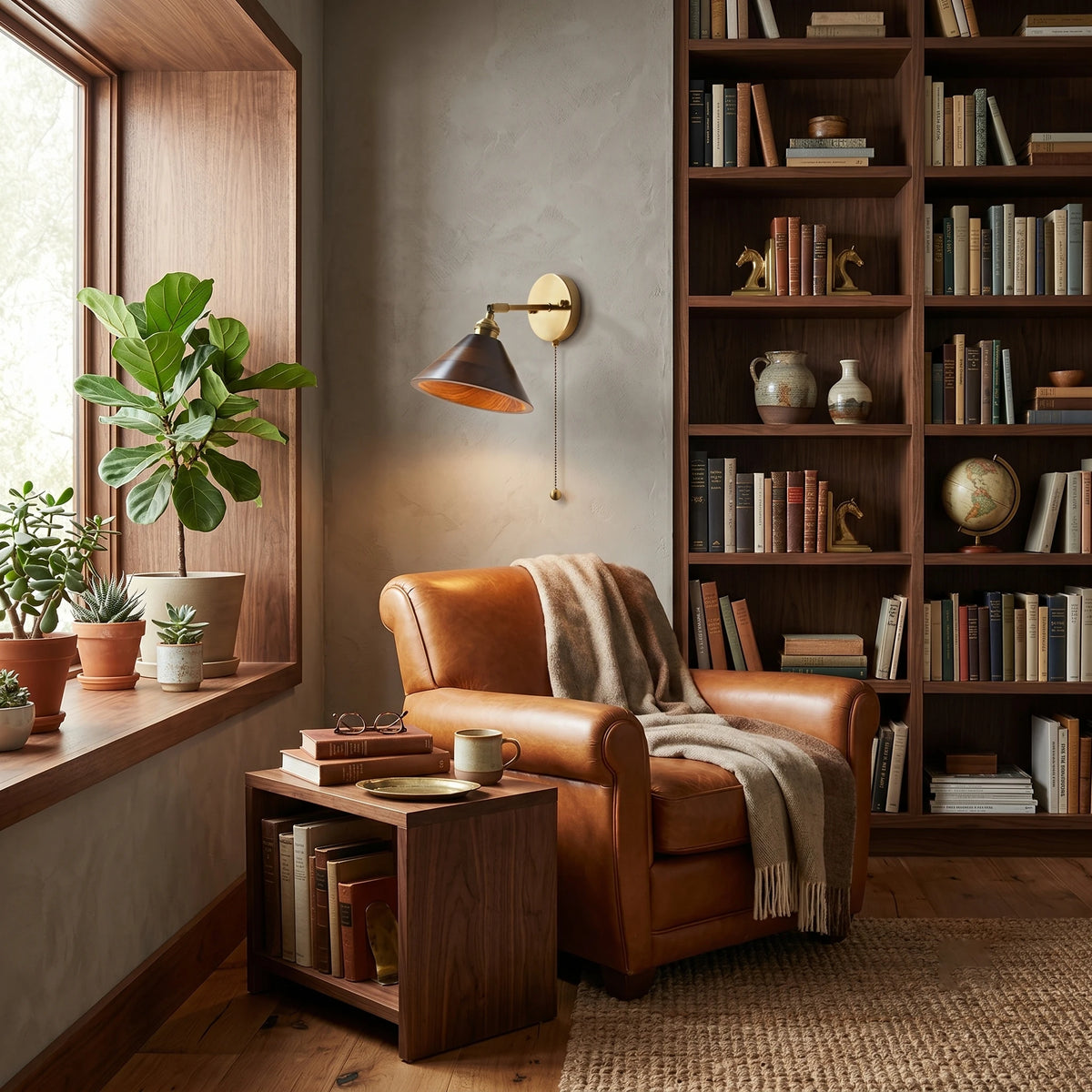 Mid Century Wooden Wall Light Over Living Room Armchair