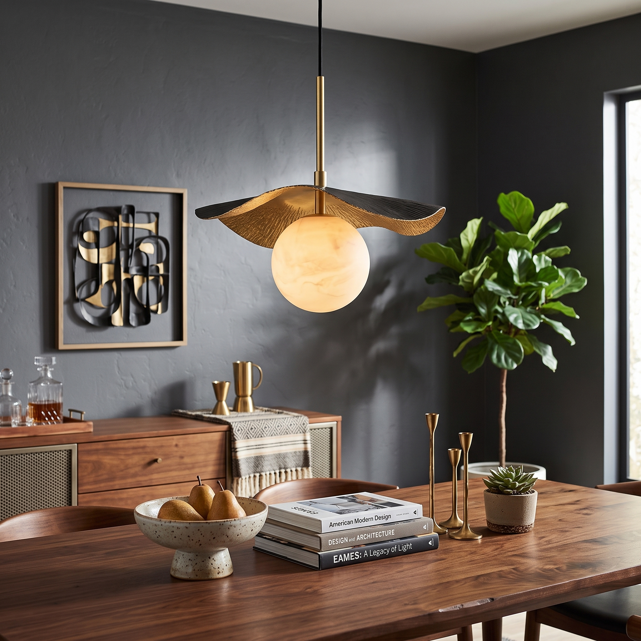 Wavy Brass Alabaster Pendant Light