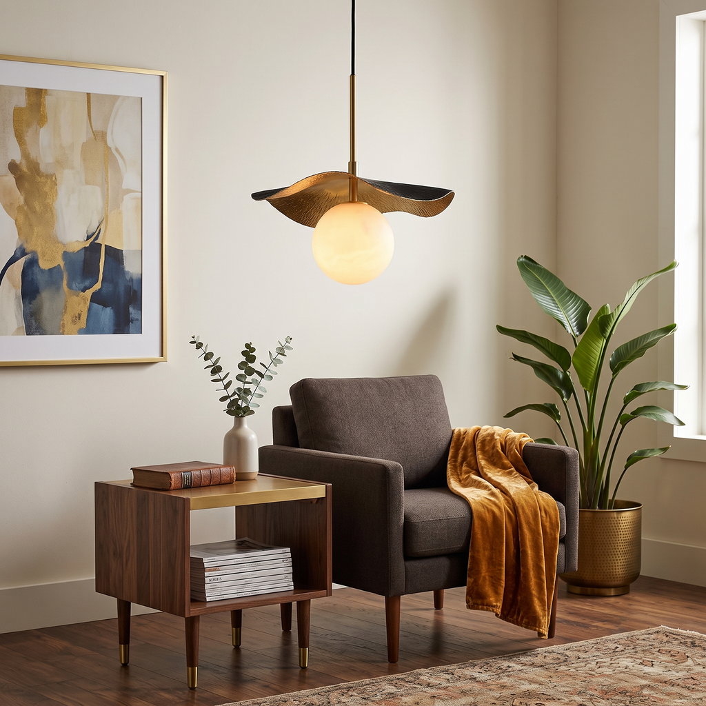 Wavy Brass Alabaster Pendant Light