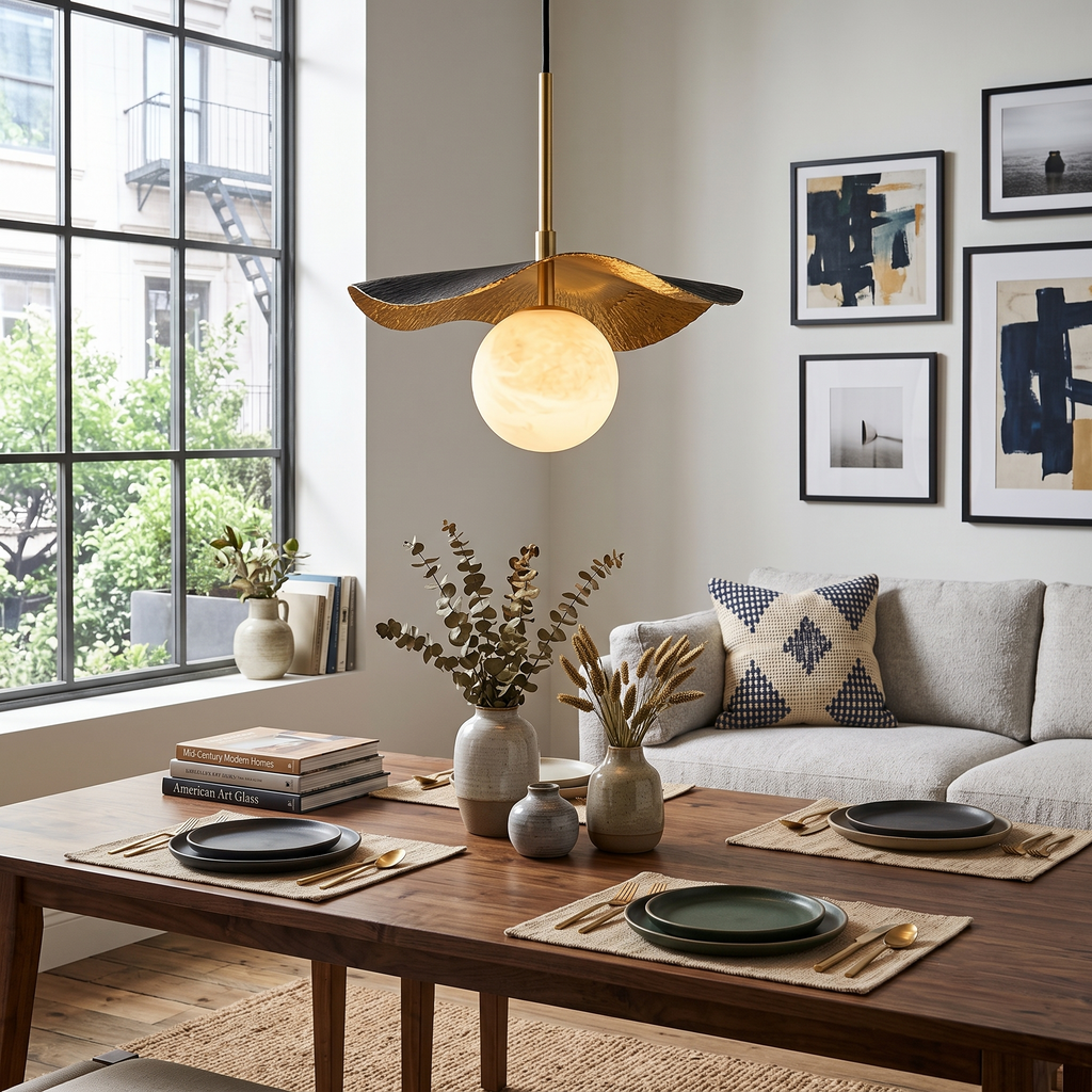 Wavy Brass Alabaster Pendant Light