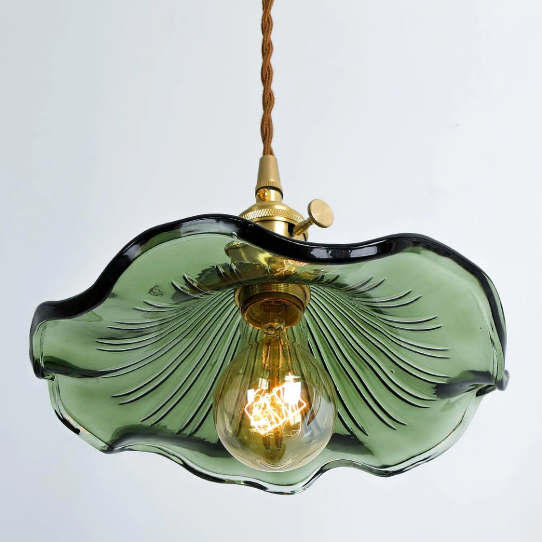 Detail View of Green Scalloped Glass Shade Texture