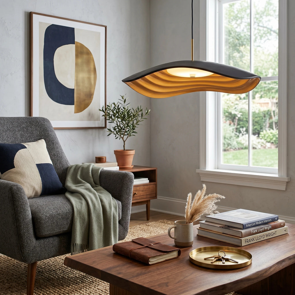 Modern Wavy Leaf Pendant Light Over Living Room Armchair