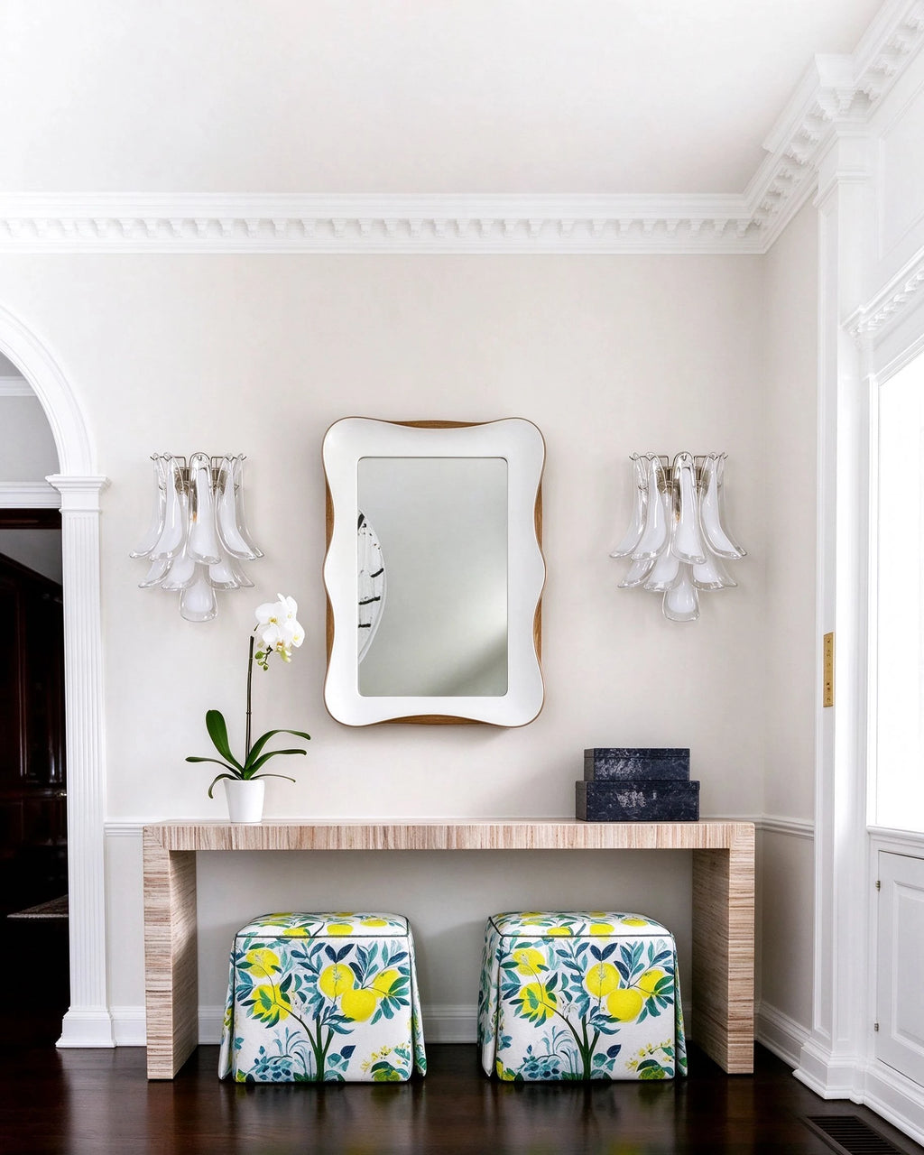 Modern Silver Frame Feather Art Glass Wall Sconces Along Hallway Console