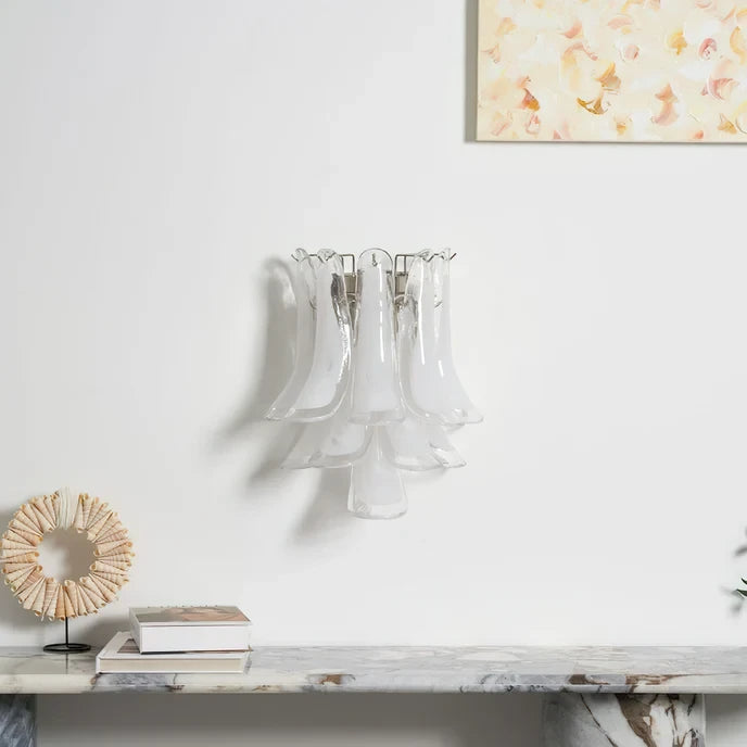Modern Wave Feather Art Glass Wall Sconce Above Credenza in Living Room