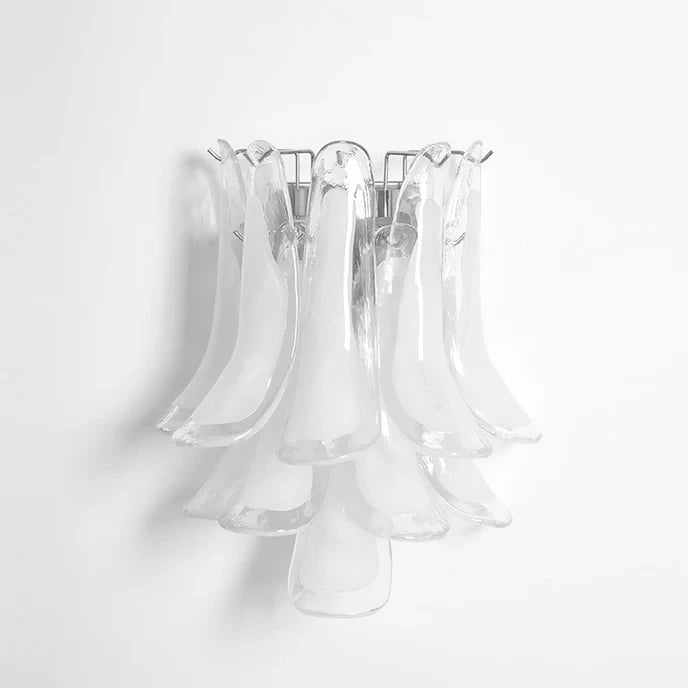 Front View of Modern Silver Frame Feather Art Glass Wall Sconce Studio Display