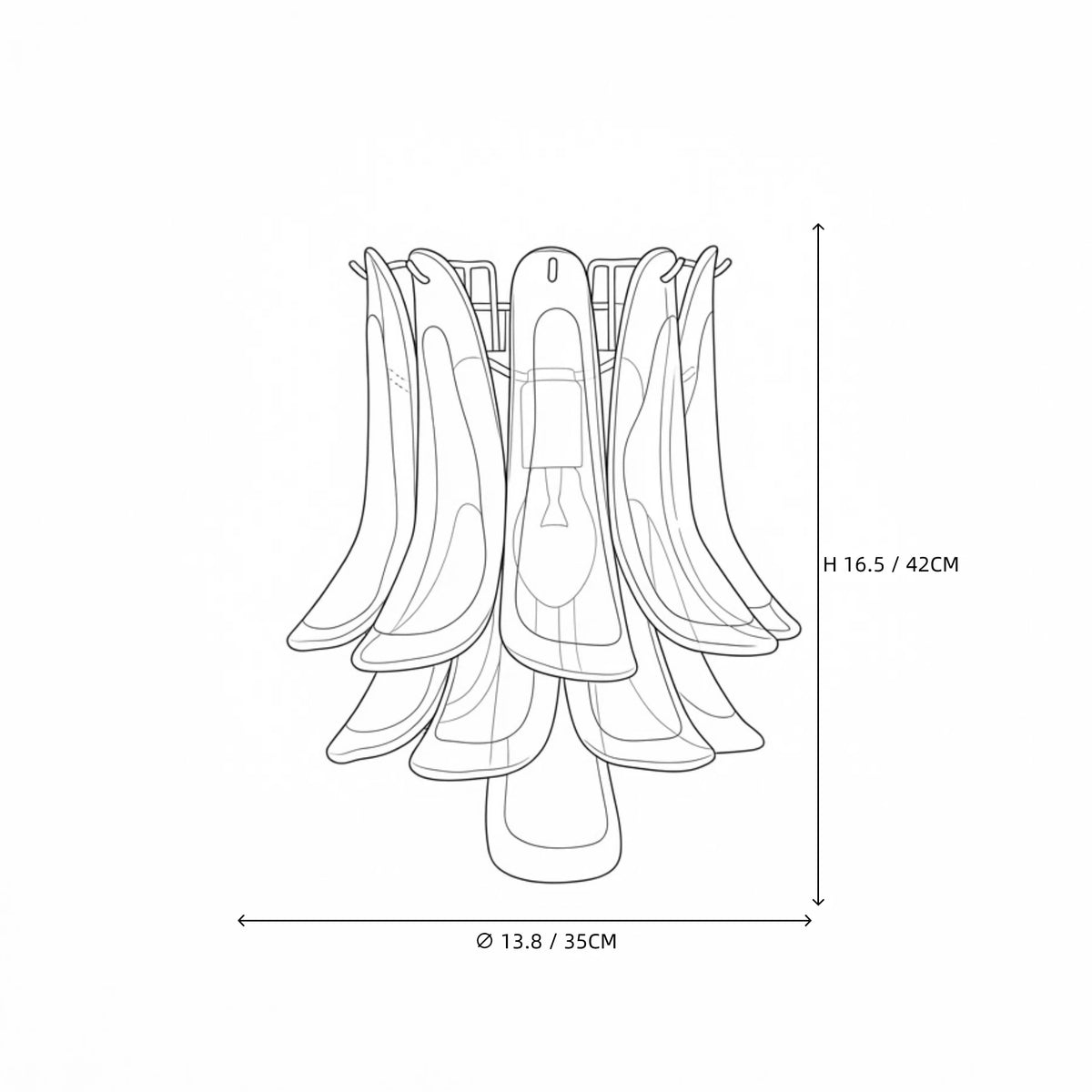 Modern Wave Feather Art Glass Wall Sconce Line Art Dimension Diagram