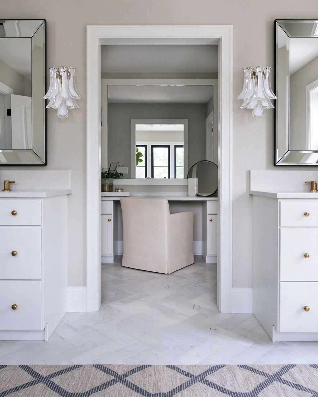 Modern Silver Frame Feather Art Glass Wall Sconces Over Double Bathroom Mirrors