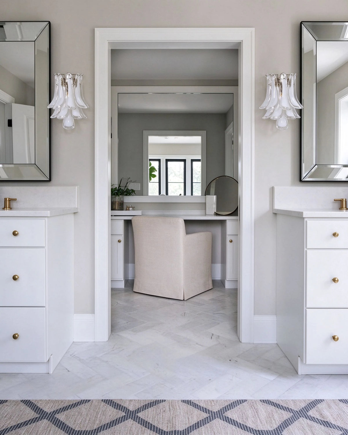 Modern Silver Frame Feather Art Glass Wall Sconces Over Double Bathroom Mirrors