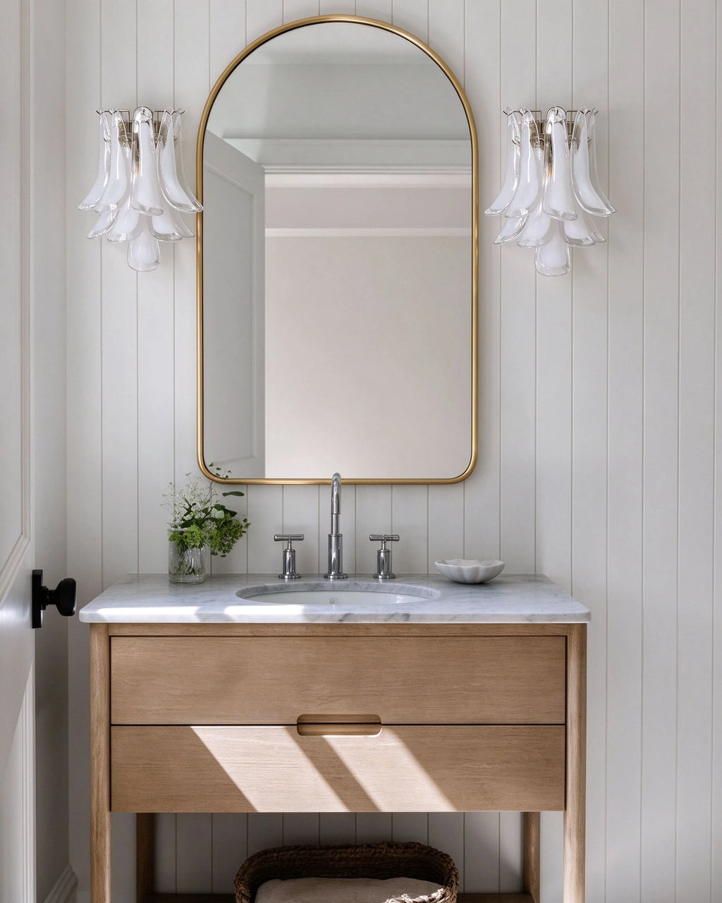 Modern Wave Feather Art Glass Wall Sconces Flanking Bathroom Mirror