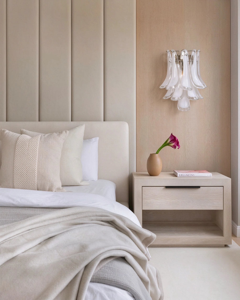 Modern Silver Frame Feather Art Glass Wall Sconce in Master Bedroom Setting