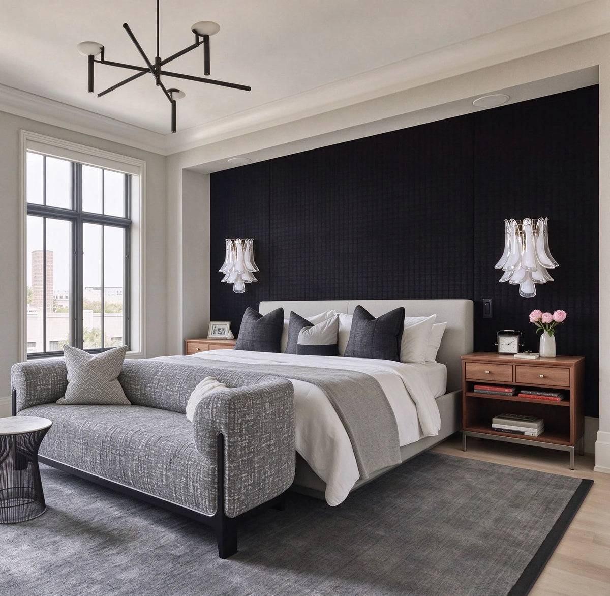 Modern Wave Feather Art Glass Wall Sconces in Elegant Bedroom Interior
