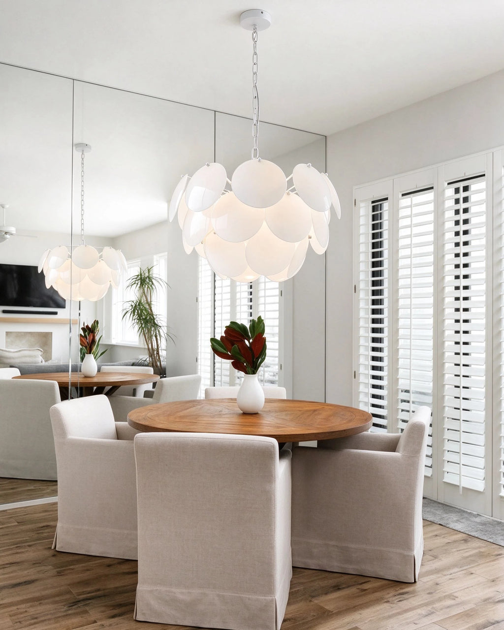 Modern Silver Frame Round Scale Pendant Light Over Round Dining Table