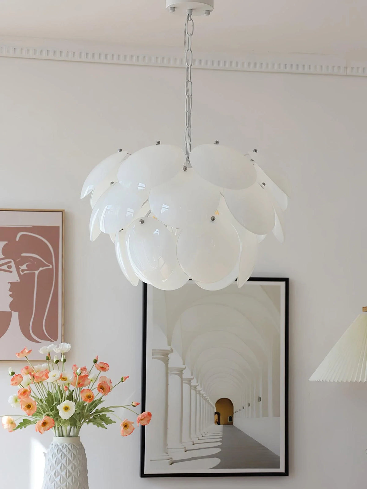 Modern Silver Frame Round Scale Pendant Light in Cozy Interior Setting