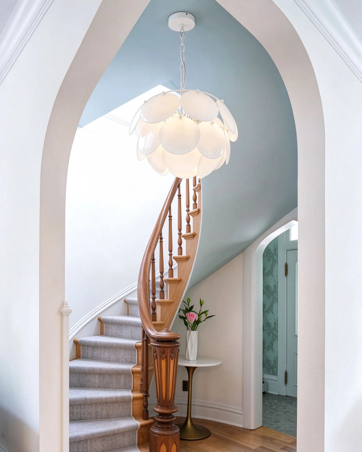 Modern Silver Frame Round Scale Pendant Light in Grand Staircase Foyer