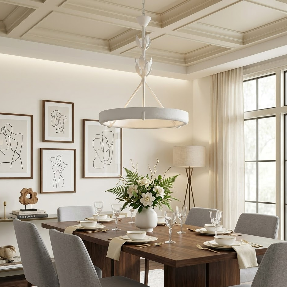 White plaster ring chandelier installed above wooden dining table, modern farmhouse dining room interior scene