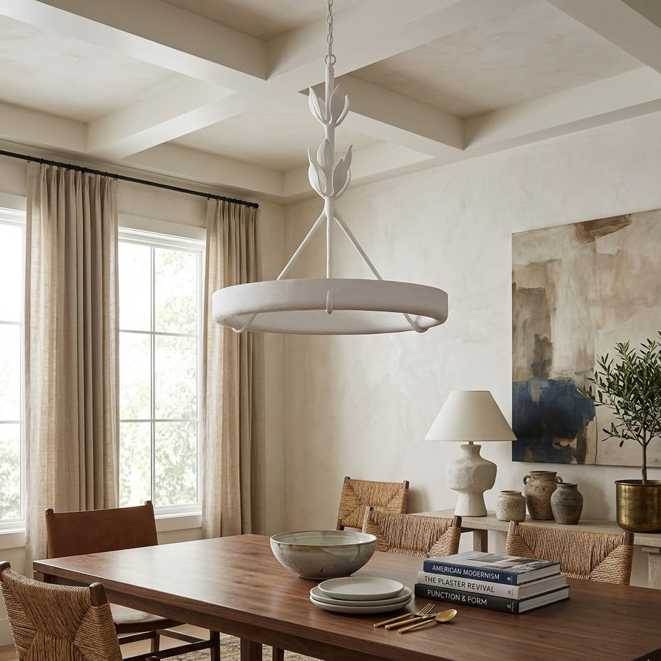 White plaster floral ring chandelier hanging over wooden dining table, neutral rustic dining room interior
