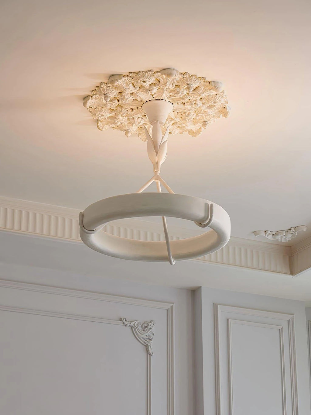 Modern White Carved Petal Ring Chandelier in Hallway Setting