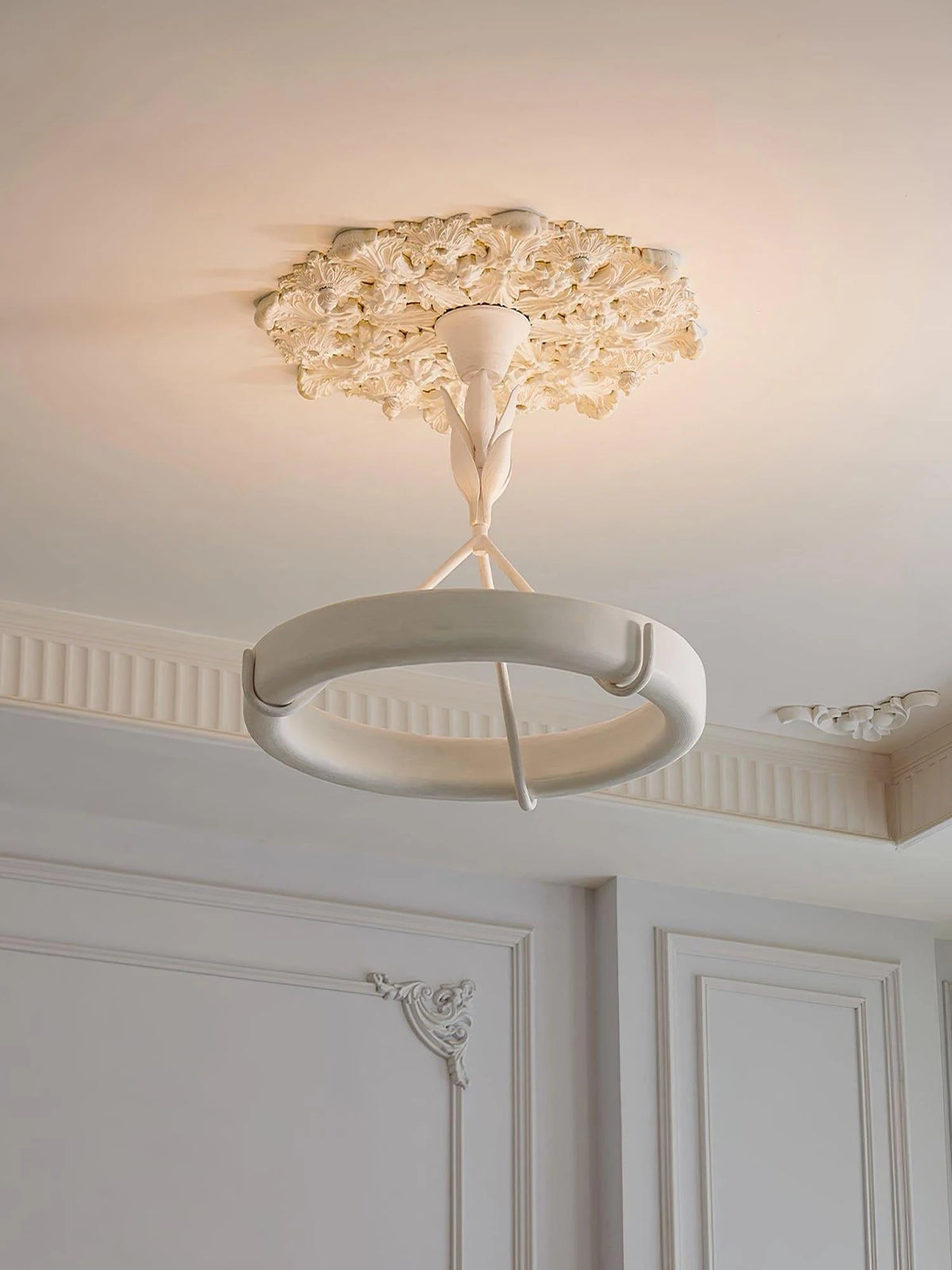 Modern White Carved Petal Ring Chandelier in Hallway Setting