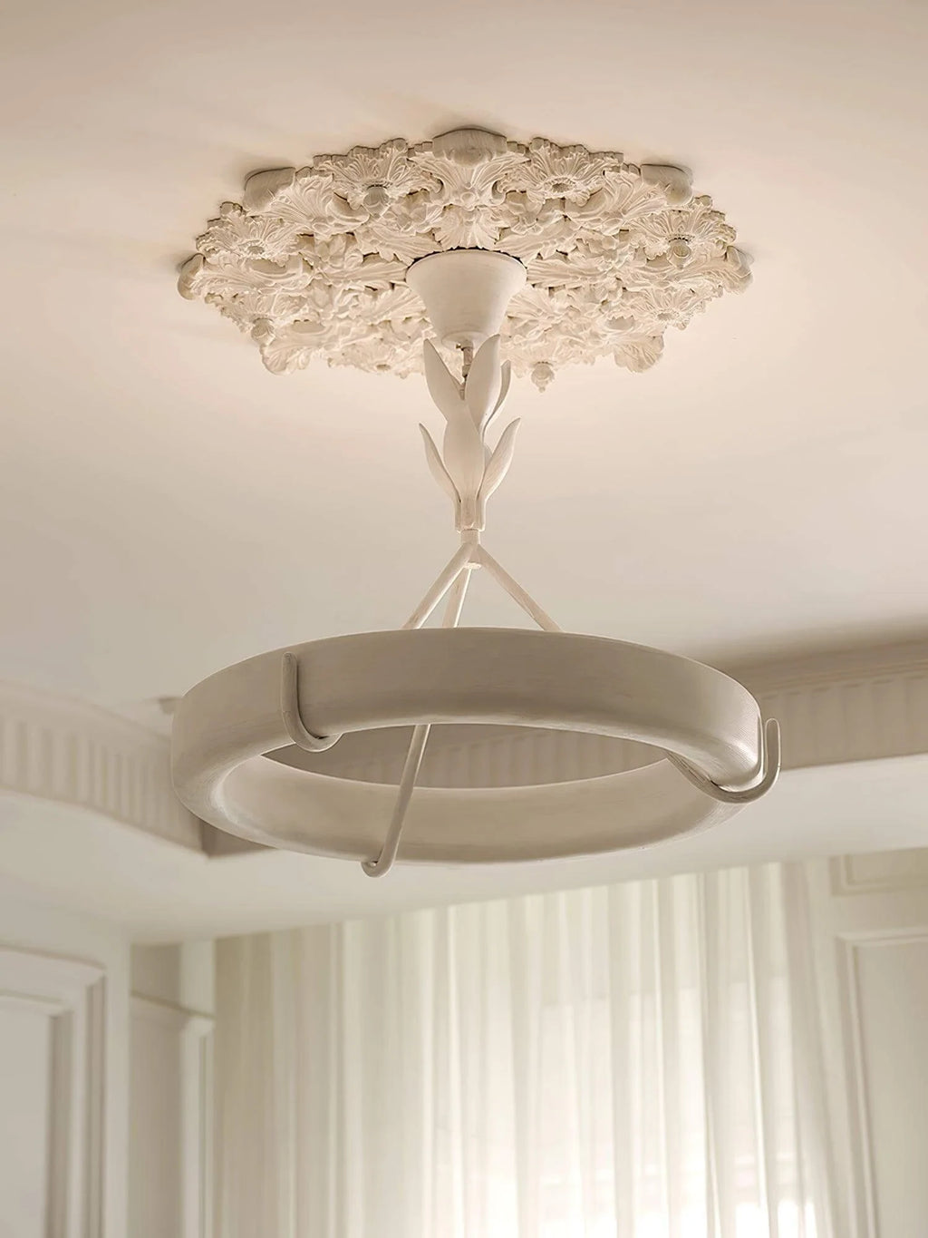 Modern White Ring Chandelier with Detailed Ceiling Medallion