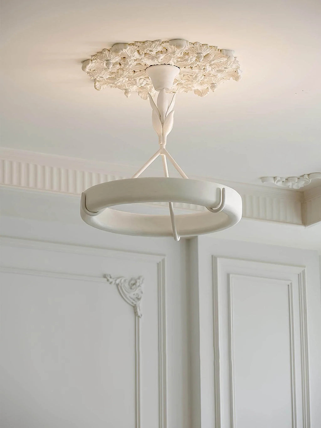 Modern White Carved Petal Ring Chandelier in High Ceiling Space