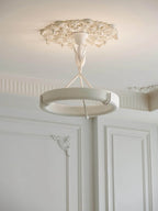 Modern White Carved Petal Ring Chandelier in High Ceiling Space