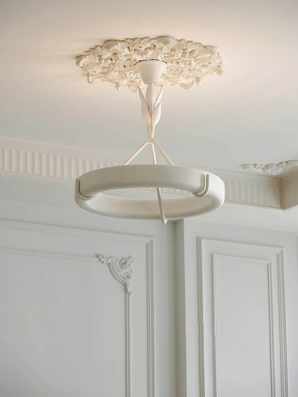 Modern White Carved Petal Ring Chandelier in High Ceiling Space
