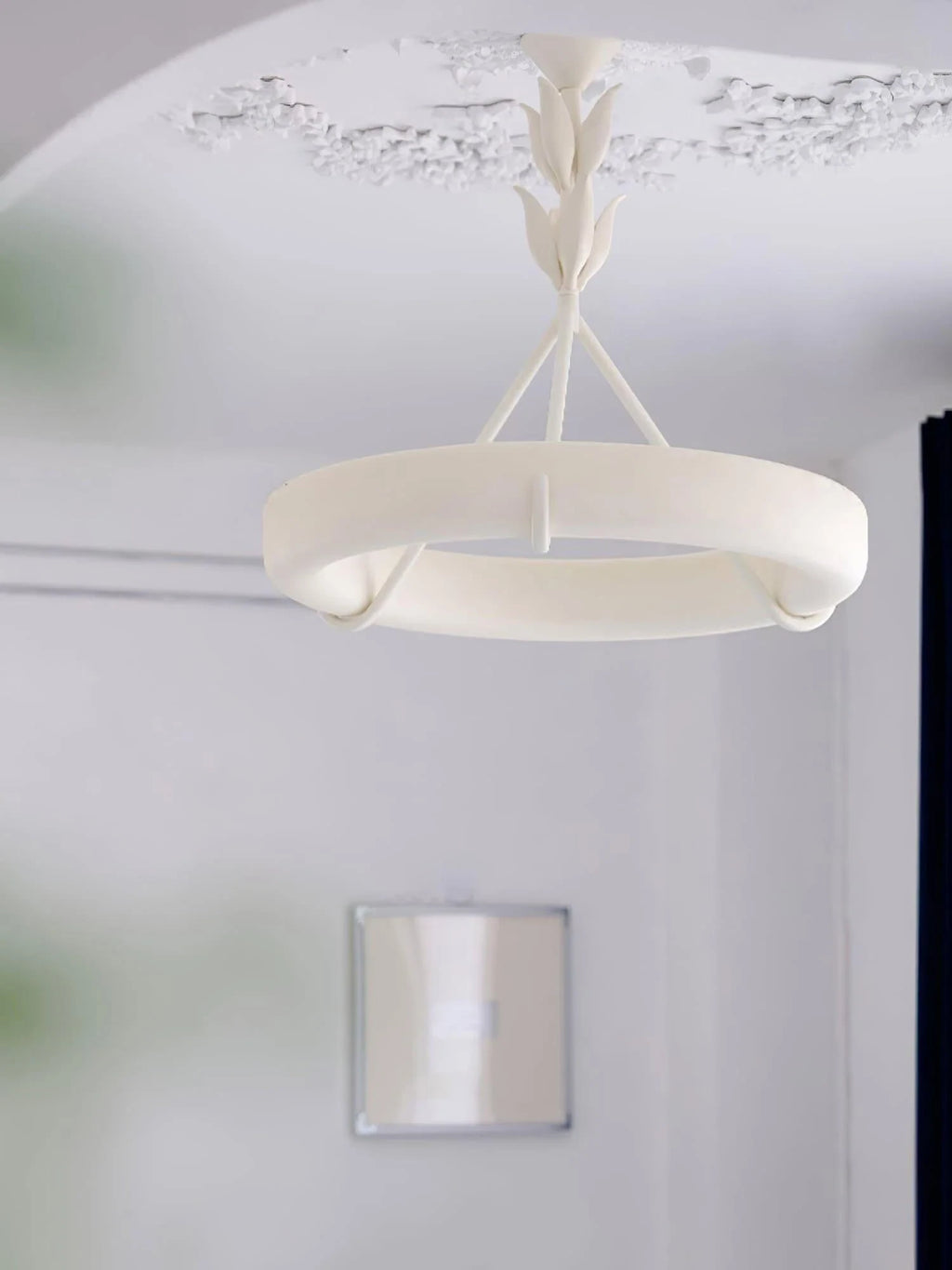 Illuminated Modern White Carved Petal Chandelier Interior Shot