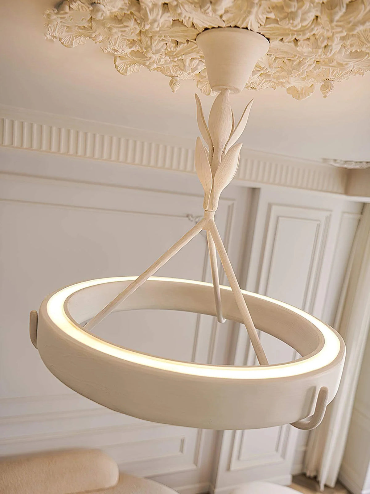 Modern White Petal Ring Chandelier in Bright Living Area