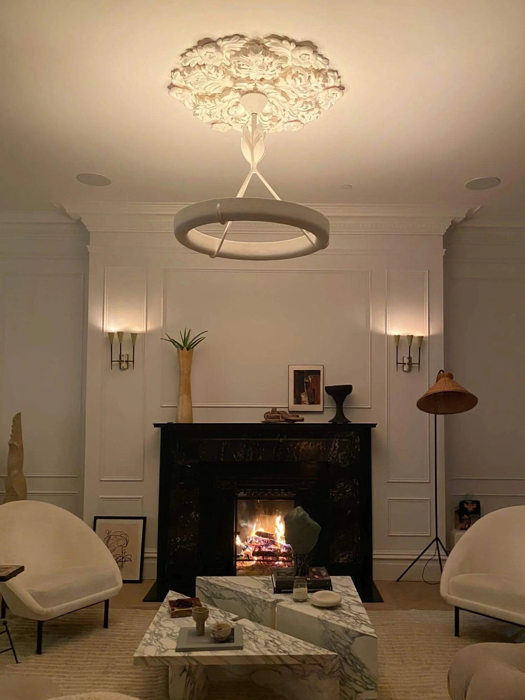 Modern White Petal Ring Chandelier in Luxury Living Room