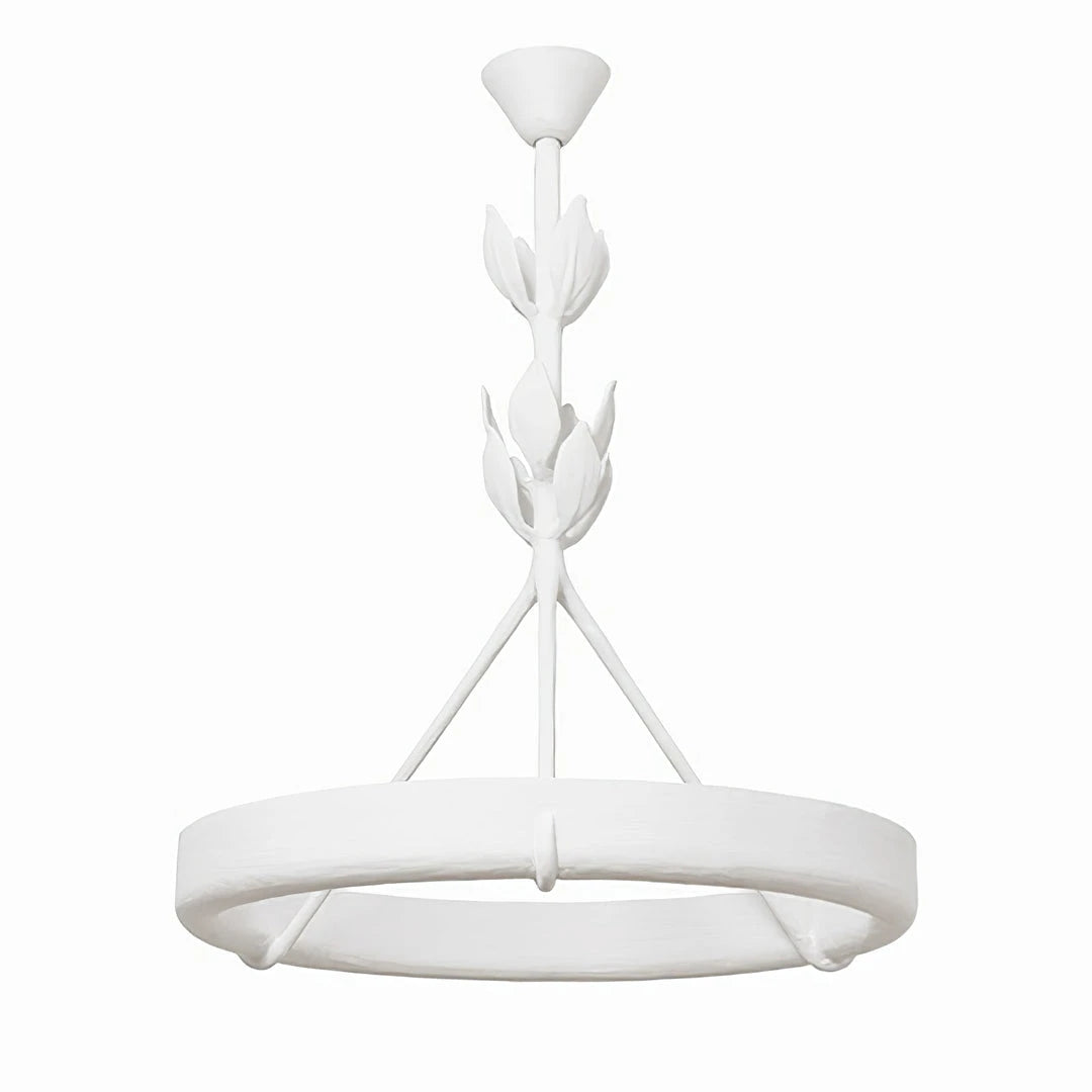 Illuminated Modern White Carved Petal Ring Chandelier Studio Display