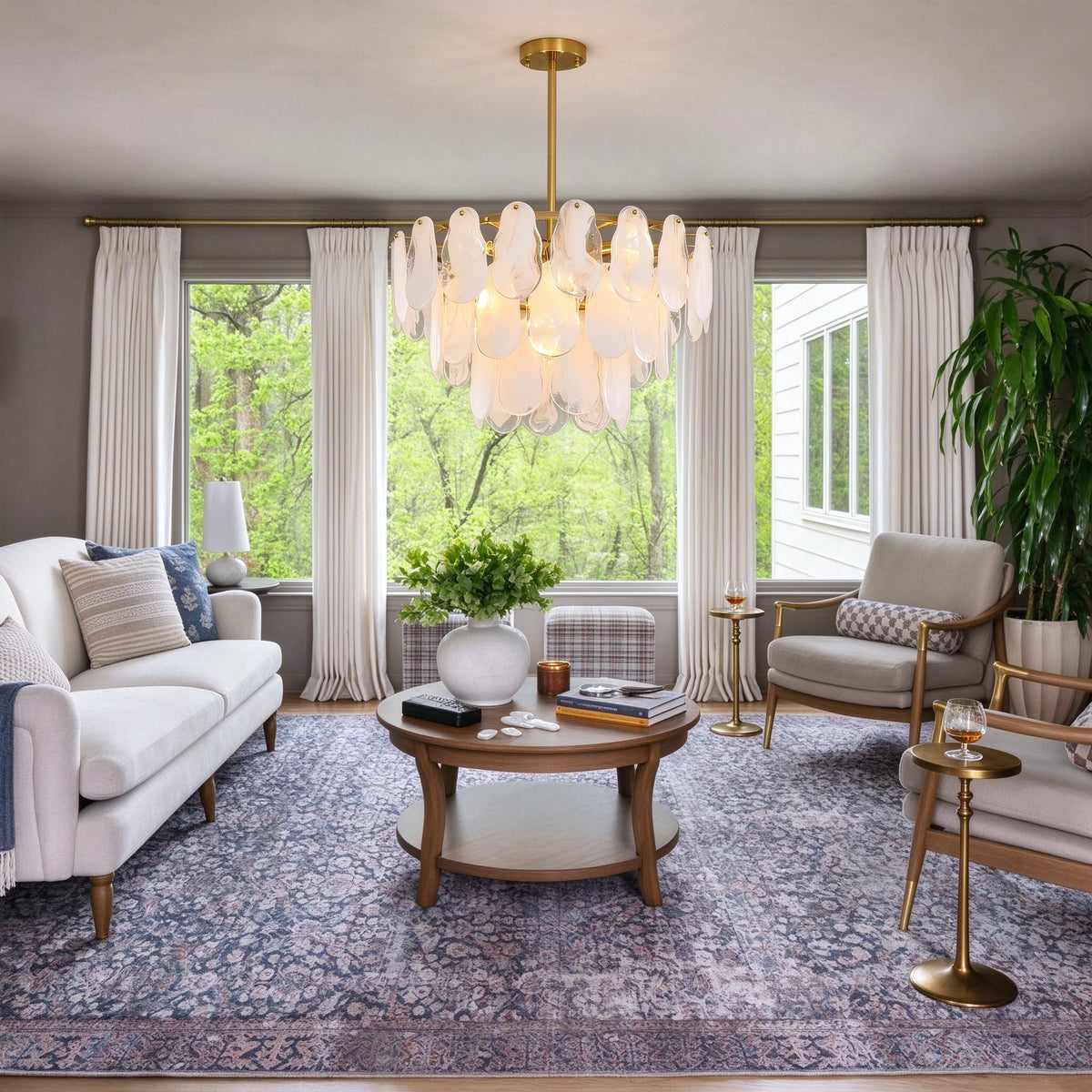 White Swirl Glass Flush Stem Chandelier