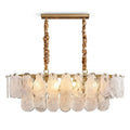 Modern Brass and Double-Tier Oval Wave Art Glass Linear Chandelier with Gold Canopy on Pure White Background