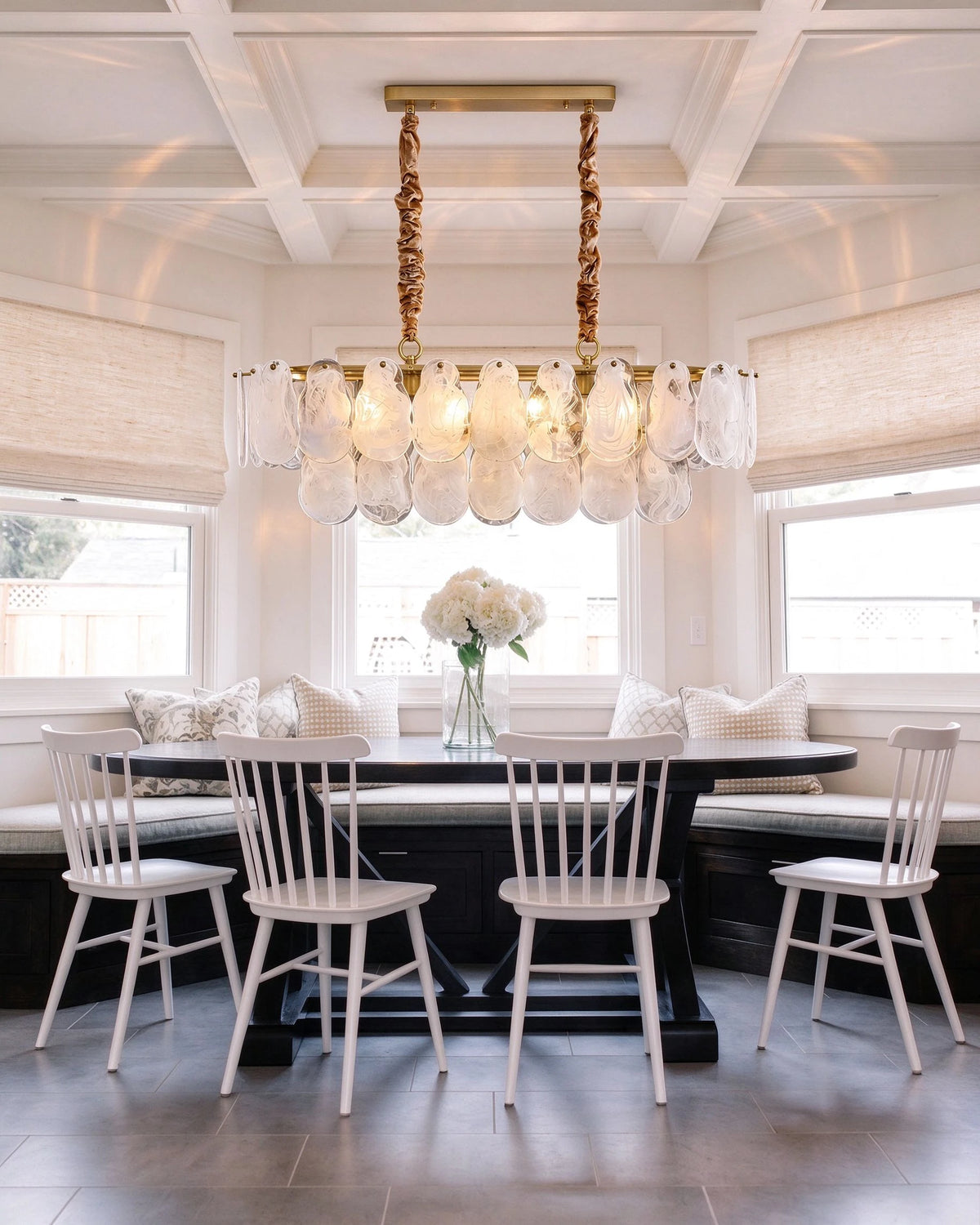 Modern Double-Tier Oval Wave Art Glass Linear Chandelier Over Dining Nook