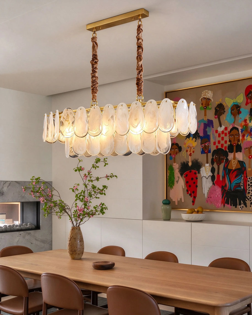 Modern Brass Double-Tier Oval Wave Chandelier in Stylish Dining Room