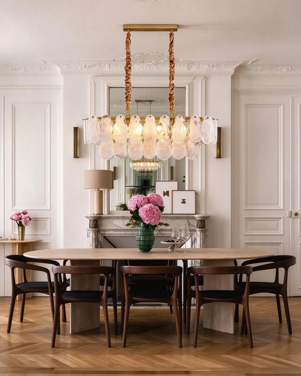 Modern Double-Tier Oval Wave Art Glass Linear Chandelier in Classic Dining Space