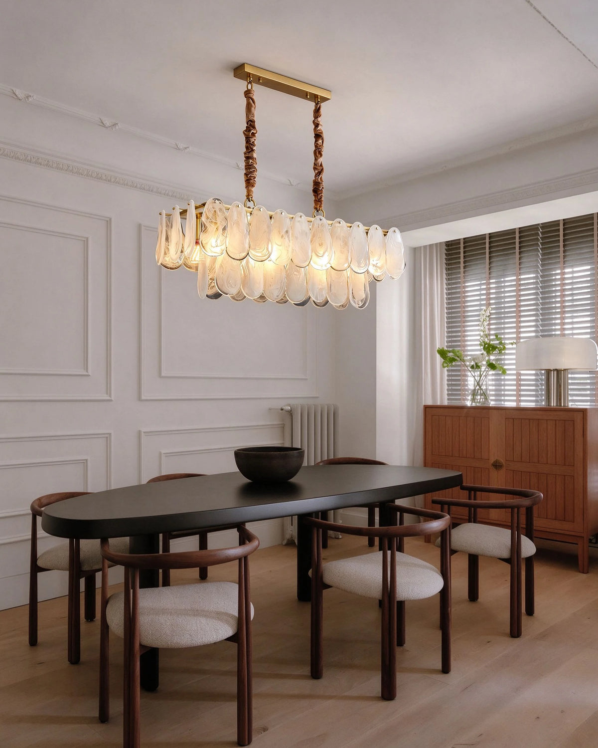 Modern Brass Double-Tier Oval Wave Chandelier in Elegant Dining Room
