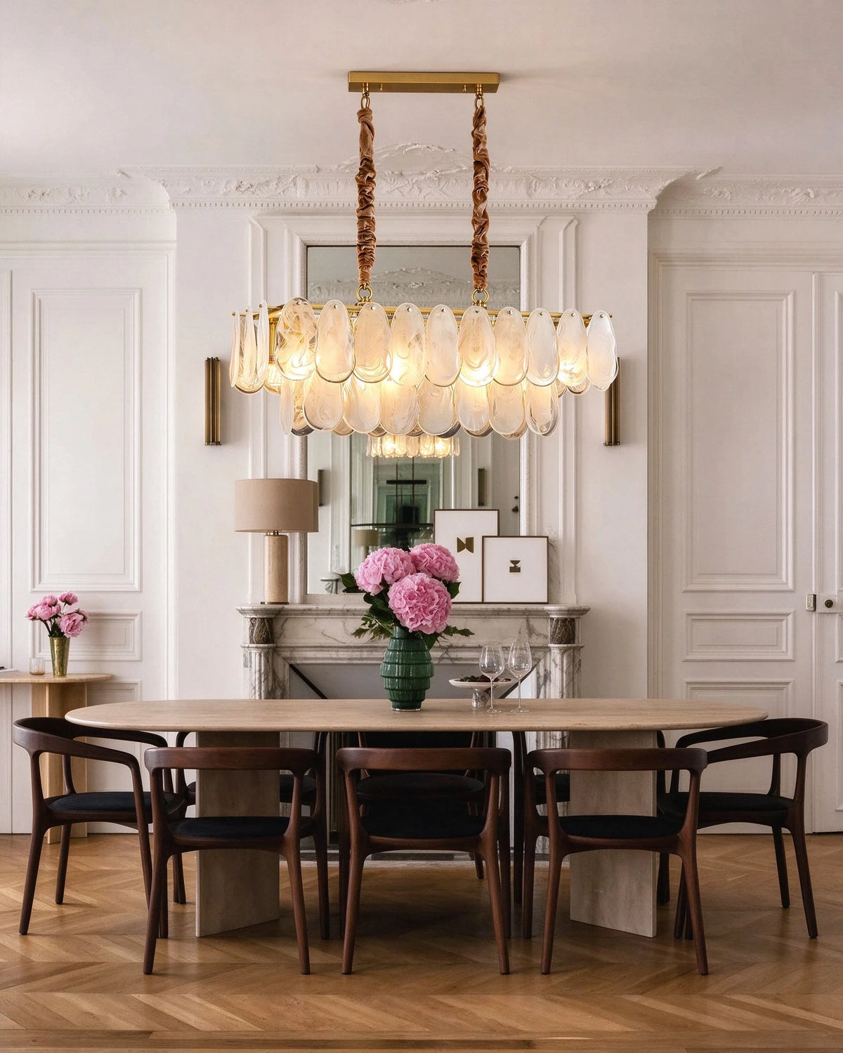 Modern Double-Tier Oval Wave Art Glass Linear Chandelier in Formal Dining Room