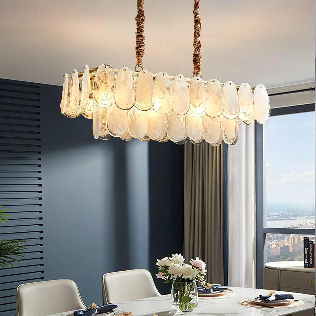 Modern Double-Tier Oval Wave Art Glass Linear Chandelier in Bright Dining Room