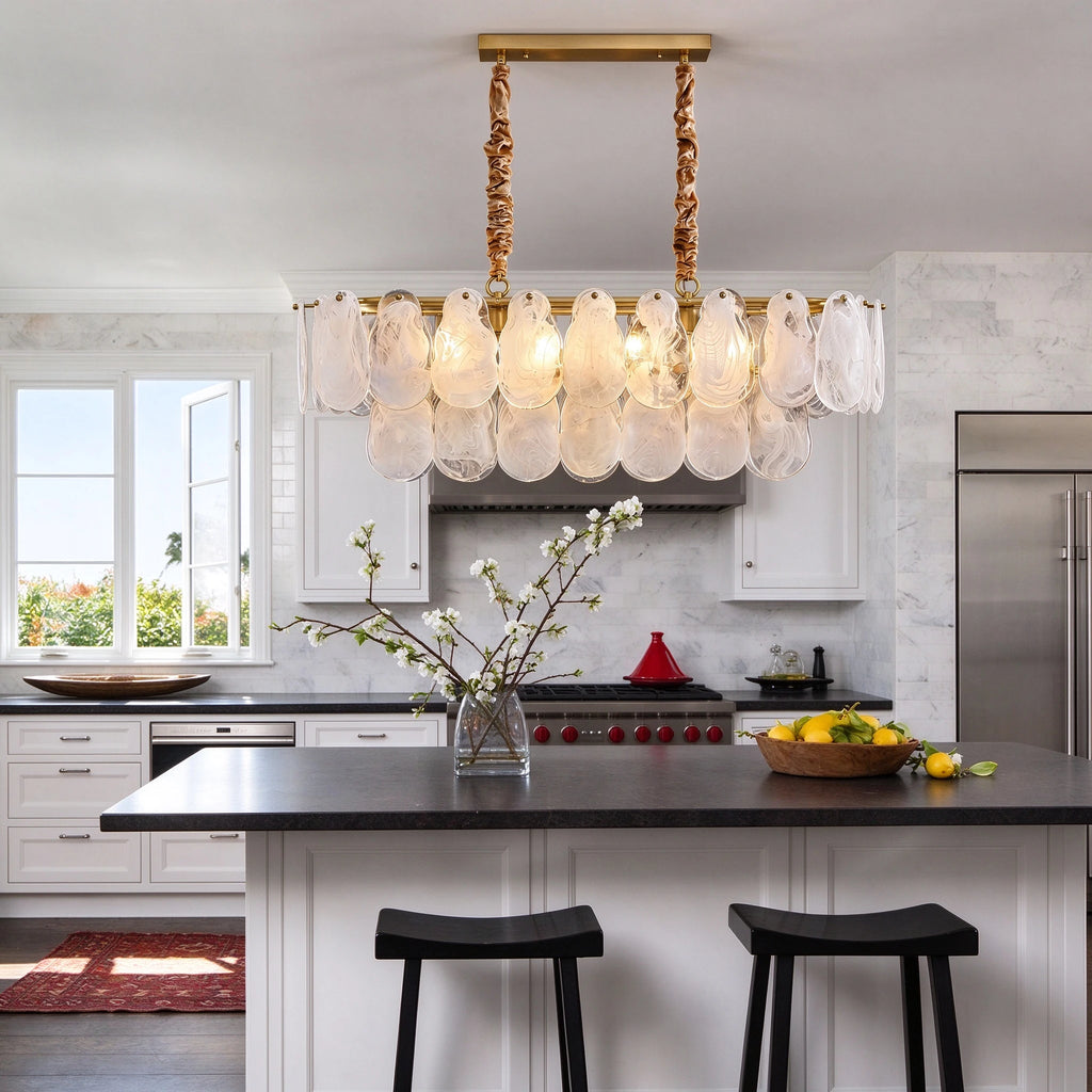 Modern Double-Tier Oval Wave Art Glass Linear Chandelier Over Kitchen Island