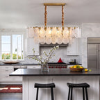 Modern Double-Tier Oval Wave Art Glass Linear Chandelier Over Kitchen Island