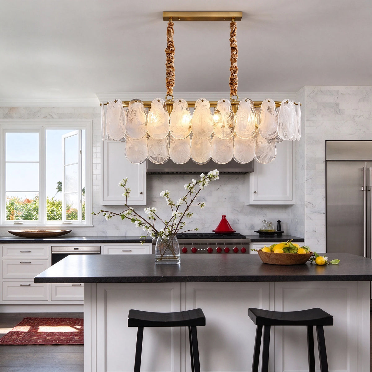 Modern Double-Tier Oval Wave Art Glass Linear Chandelier Over Kitchen Island